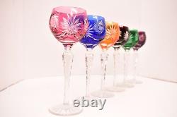 SET 6 VTG Hock Wine Glasses Multi Colored Cut To Clear Glass Bohemian Czech