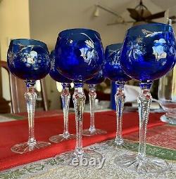 SET OF 6 Vintage Caesar Bohemian 24 % Pb Crystal Wine Hocks Cobalt C2Clear 7.75