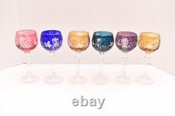 SET of 6 BOHEMIAN CZECH CUT TO CLEAR Hock Wine GLASSES Goblets Multicolor 7.75