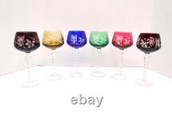 SET of 6 BOHEMIAN CZECH CUT TO CLEAR Hock Wine GLASSES Goblets Multicolor 8