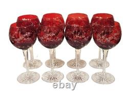 SET of 8 Vintage BOHEMIAN Style RUBY RED Cut to Clear CRYSTAL WINE GOBLETS Glass