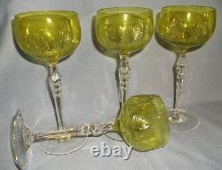 S/4 VINTAGE CHARTREUSE & CLEAR CUT CRYSTAL WINE HOCK GLASSES withFACETED STEMS