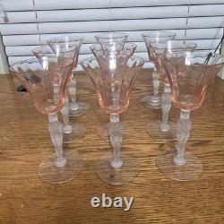 Seneca Pink Crystal Frosted Bashfull Nude Stem Cocktail/Wine Glasses Vintage