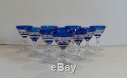 Set/10 Vintage Crystal Wine Goblets, Cobalt Cut-to-Clear