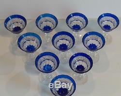 Set/10 Vintage Crystal Wine Goblets, Cobalt Cut-to-Clear