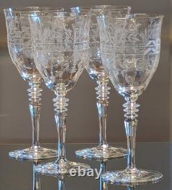 Set/4 Vintage Rock Sharpe Crystal Floral Etched Wine Glasses, Hand Blown 7 5/8T