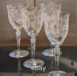 Set/4 Vintage Rock Sharpe Crystal Floral Etched Wine Glasses, Hand Blown 7 5/8T