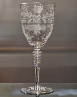 Set/4 Vintage Rock Sharpe Crystal Floral Etched Wine Glasses, Hand Blown 7 5/8T