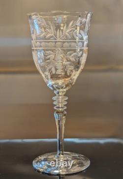 Set/4 Vintage Rock Sharpe Crystal Floral Etched Wine Glasses, Hand Blown 7 5/8T