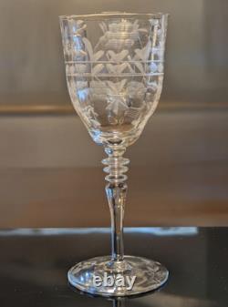 Set/4 Vintage Rock Sharpe Crystal Floral Etched Wine Glasses, Hand Blown 7 5/8T