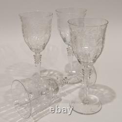 Set/4 Vintage Rock Sharpe Crystal Floral Etched Wine Glasses, Hand Blown 7 5/8T
