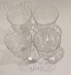 Set/4 Vintage Rock Sharpe Crystal Floral Etched Wine Glasses, Hand Blown 7 5/8T