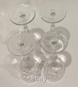 Set/4 Vintage Rock Sharpe Crystal Floral Etched Wine Glasses, Hand Blown 7 5/8T