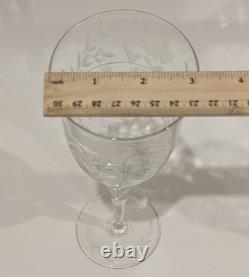 Set/4 Vintage Rock Sharpe Crystal Floral Etched Wine Glasses, Hand Blown 7 5/8T