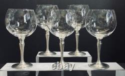 Set 5 German Crystal Balloon Wine Glass Pewter Stems Zinn WMF Marked Vintage