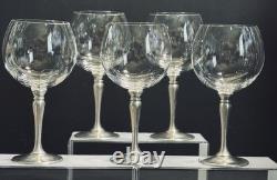Set 5 German Crystal Balloon Wine Glass Pewter Stems Zinn WMF Marked Vintage