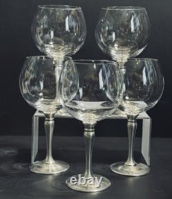 Set 5 German Crystal Balloon Wine Glass Pewter Stems Zinn WMF Marked Vintage