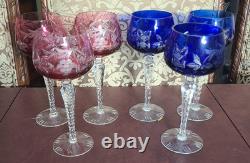 Set 6 Lausitzer LA15 Cut to Clear Crystal Hock Wine Glasses Cobalt- Pink Germany