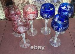 Set 6 Lausitzer LA15 Cut to Clear Crystal Hock Wine Glasses Cobalt- Pink Germany