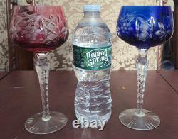 Set 6 Lausitzer LA15 Cut to Clear Crystal Hock Wine Glasses Cobalt- Pink Germany