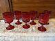 Set 6 Mosser Vintage Ruby Red Eyewinker Footed Glass Water Wine Goblets EUC