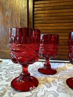 Set 6 Mosser Vintage Ruby Red Eyewinker Footed Glass Water Wine Goblets EUC