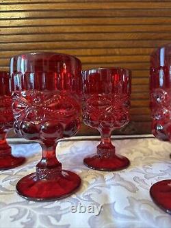 Set 6 Mosser Vintage Ruby Red Eyewinker Footed Glass Water Wine Goblets EUC
