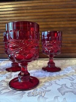 Set 6 Mosser Vintage Ruby Red Eyewinker Footed Glass Water Wine Goblets EUC