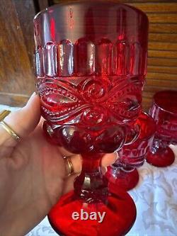 Set 6 Mosser Vintage Ruby Red Eyewinker Footed Glass Water Wine Goblets EUC