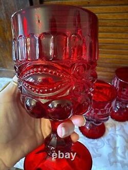 Set 6 Mosser Vintage Ruby Red Eyewinker Footed Glass Water Wine Goblets EUC