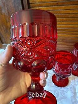 Set 6 Mosser Vintage Ruby Red Eyewinker Footed Glass Water Wine Goblets EUC