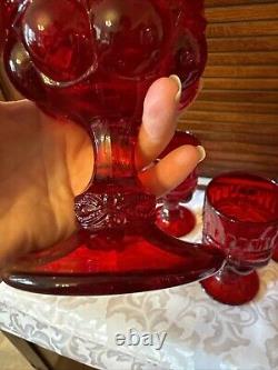 Set 6 Mosser Vintage Ruby Red Eyewinker Footed Glass Water Wine Goblets EUC
