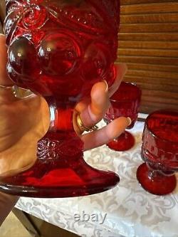 Set 6 Mosser Vintage Ruby Red Eyewinker Footed Glass Water Wine Goblets EUC