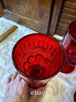 Set 6 Mosser Vintage Ruby Red Eyewinker Footed Glass Water Wine Goblets EUC