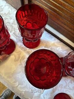 Set 6 Mosser Vintage Ruby Red Eyewinker Footed Glass Water Wine Goblets EUC