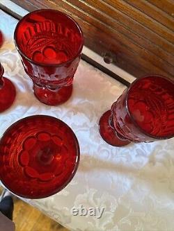 Set 6 Mosser Vintage Ruby Red Eyewinker Footed Glass Water Wine Goblets EUC