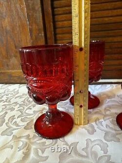 Set 6 Mosser Vintage Ruby Red Eyewinker Footed Glass Water Wine Goblets EUC