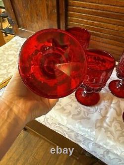 Set 6 Mosser Vintage Ruby Red Eyewinker Footed Glass Water Wine Goblets EUC