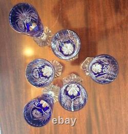 Set 6 Vintage Cobalt Blue Cut to Clear Wine Champagne Flutes Star & Fan Pattern