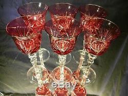 Set 6 Vintage Cranberry Crystal Cut To Clear Wine Goblets
