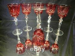Set 6 Vintage Cranberry Crystal Cut To Clear Wine Goblets