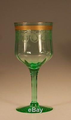 Set 6 Vintage Fry Glass Deco Green Wine Glasses Water Goblets Gold Trims c. 1930
