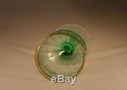 Set 6 Vintage Fry Glass Deco Green Wine Glasses Water Goblets Gold Trims c. 1930