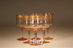 Set 6 Vintage Fry Glass Deco Pink Wine Glasses Water Goblets Gold Trims c. 1930