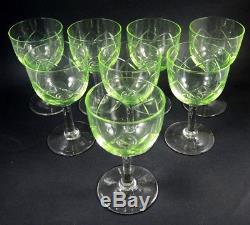 Set 8 Vintage Holmegaard Cut Crystal Edith White Wine Glasses Uranium UV Glow