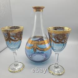 Set J Preziosi Lavorato A Mano Italy Wine Carafee 2+ Glasses Blue Gold Vintage