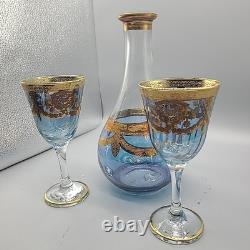 Set J Preziosi Lavorato A Mano Italy Wine Carafee 2+ Glasses Blue Gold Vintage