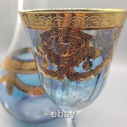 Set J Preziosi Lavorato A Mano Italy Wine Carafee 2+ Glasses Blue Gold Vintage