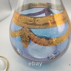 Set J Preziosi Lavorato A Mano Italy Wine Carafee 2+ Glasses Blue Gold Vintage