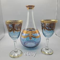 Set J Preziosi Lavorato A Mano Italy Wine Carafee 2+ Glasses Blue Gold Vintage